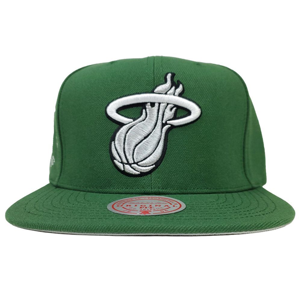 Miami Heat Mitchell & Ness NBA Snapback Hat Cap 3D Logo Green Silver NWT